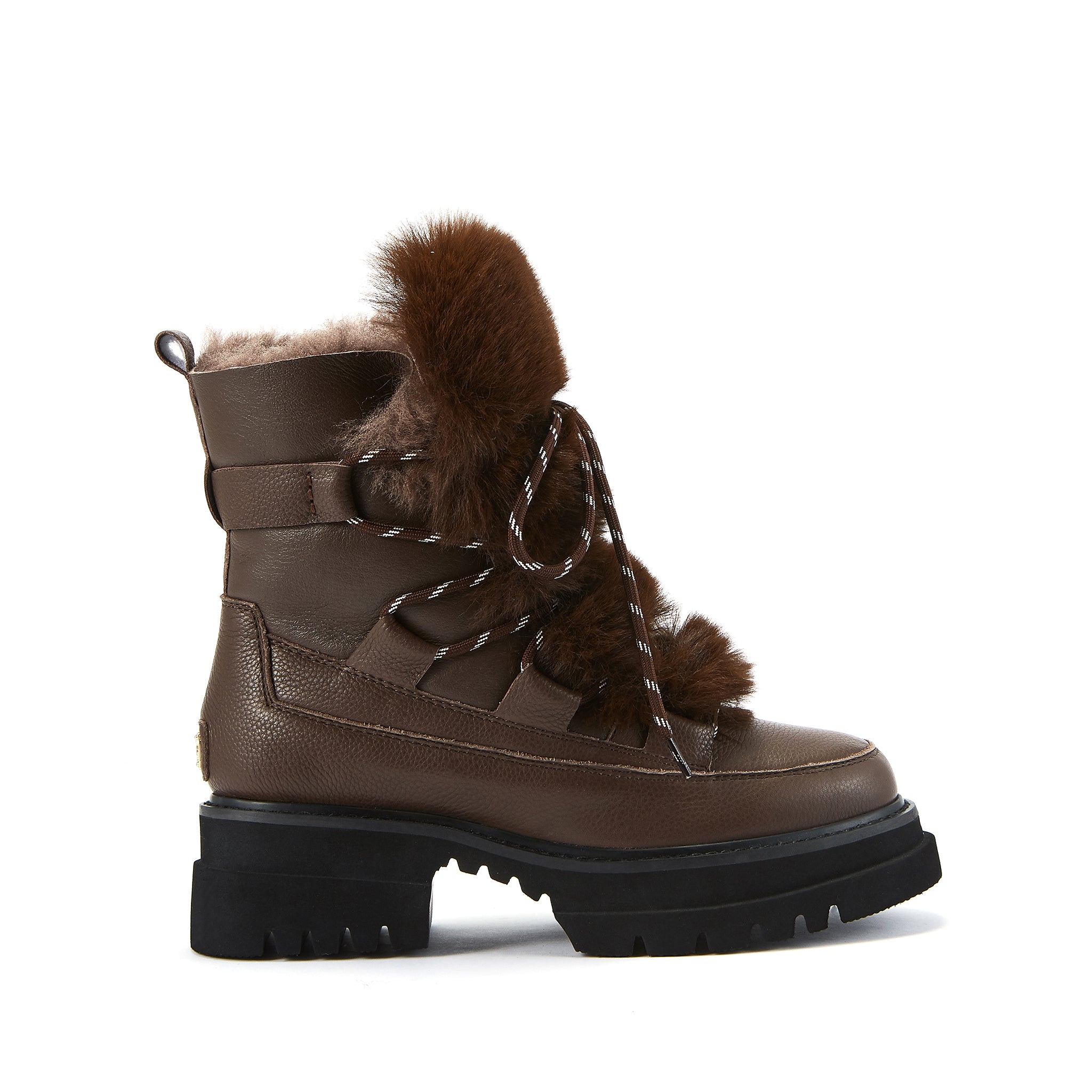 Chunky soled Westward for all the fun Just above the ankle hiker style boot with cord lace ups. In soft leather with shearling cuff and lining. Australia Luxe Collective