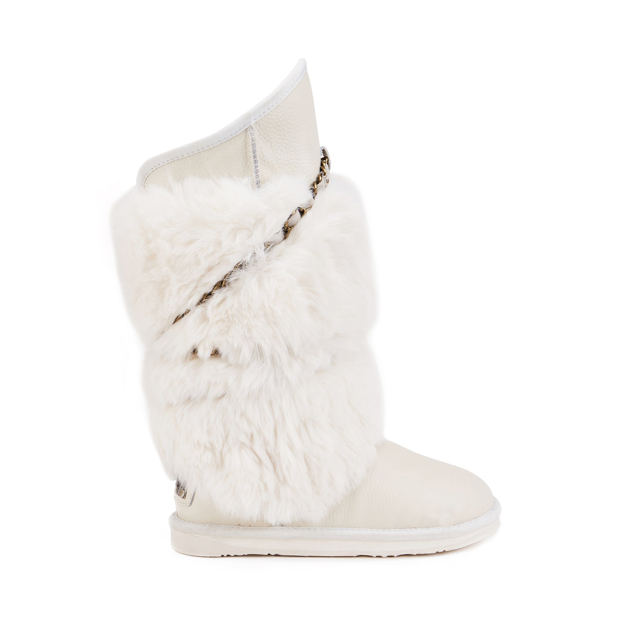 Below knee height sheepskin lined ugg style boot with a twist