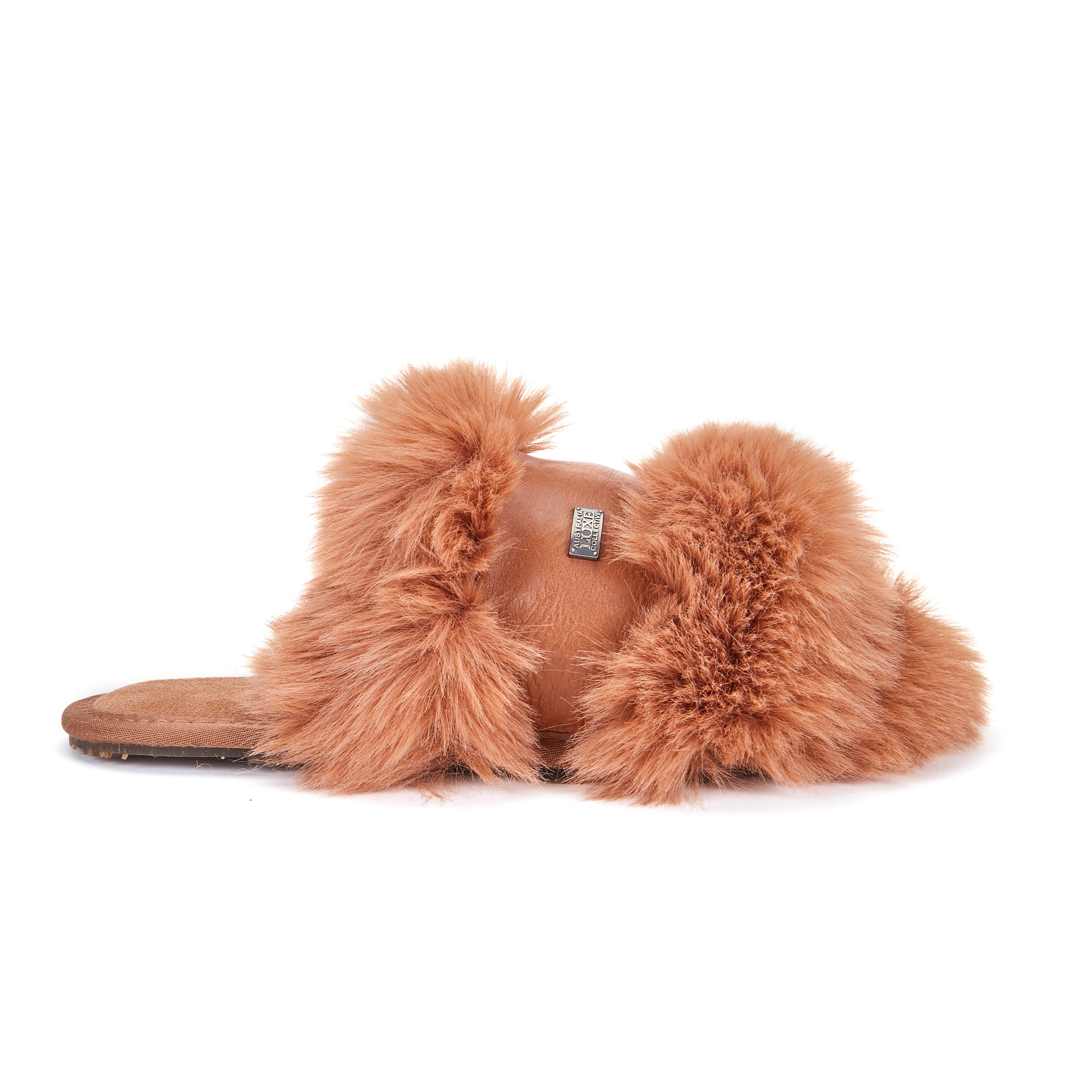 Muchas open toe mule slipper in super soft luxe faux fur with