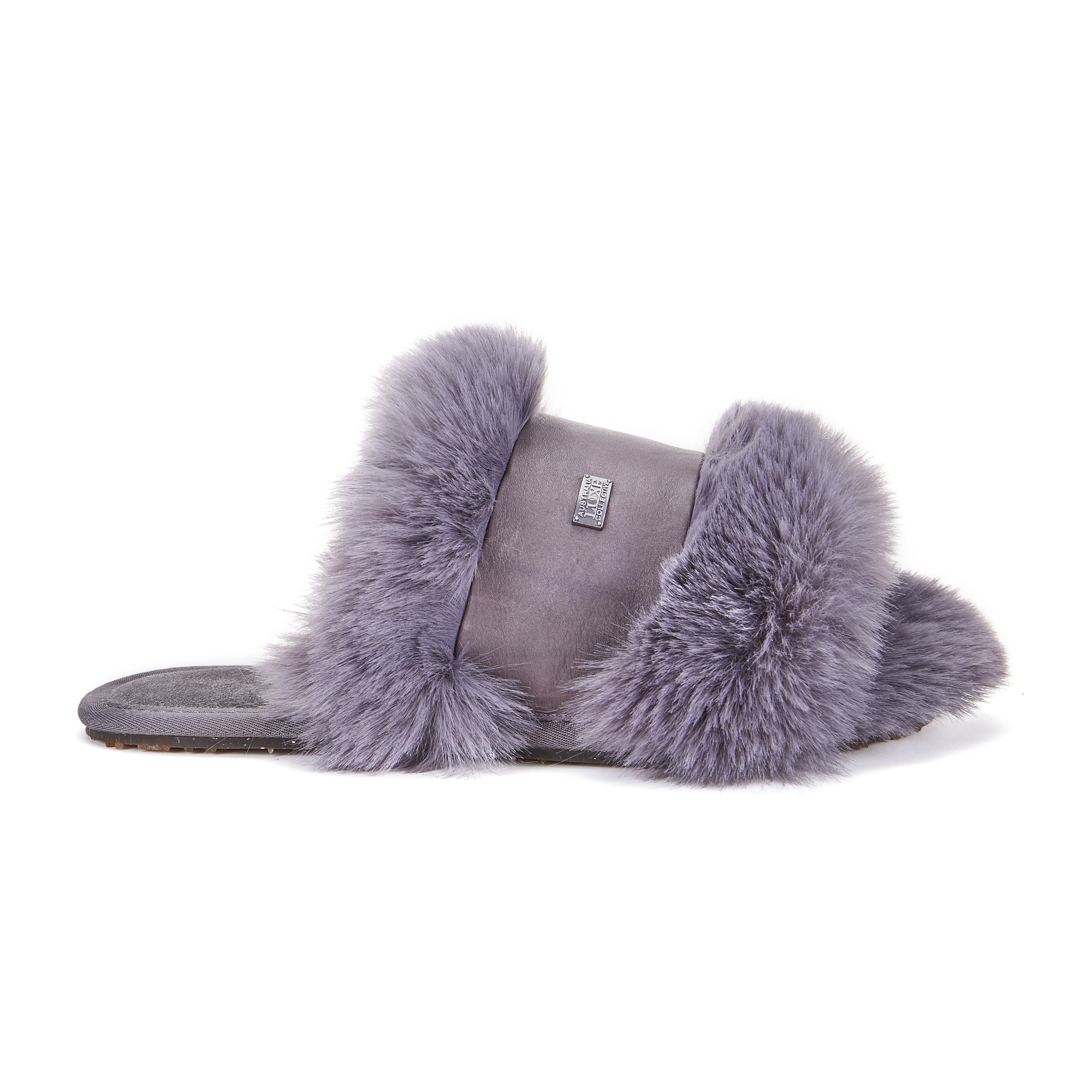 Muchas open toe mule slipper in super soft luxe faux fur with