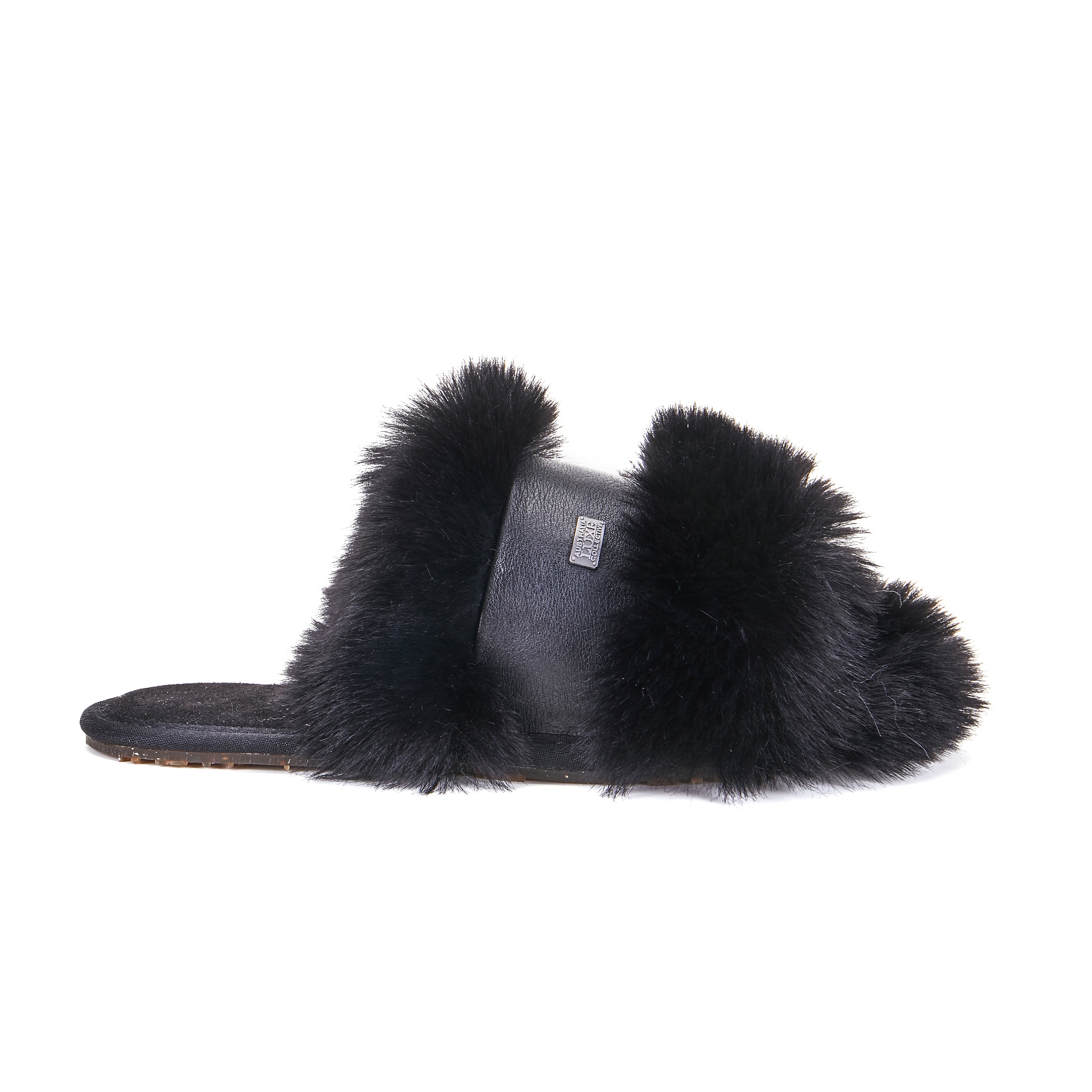 Muchas open toe mule slipper in super soft luxe faux fur with